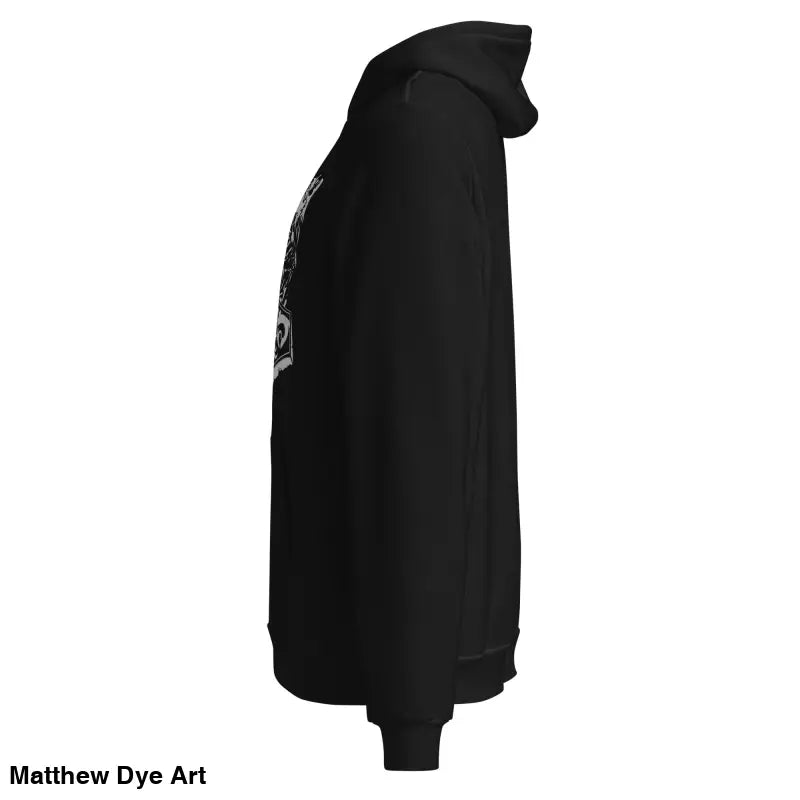 Black hooded sweatshirt featuring Thor’s Mjolnir and Odin’s Ravens, a comfortable Viking unisex pullover