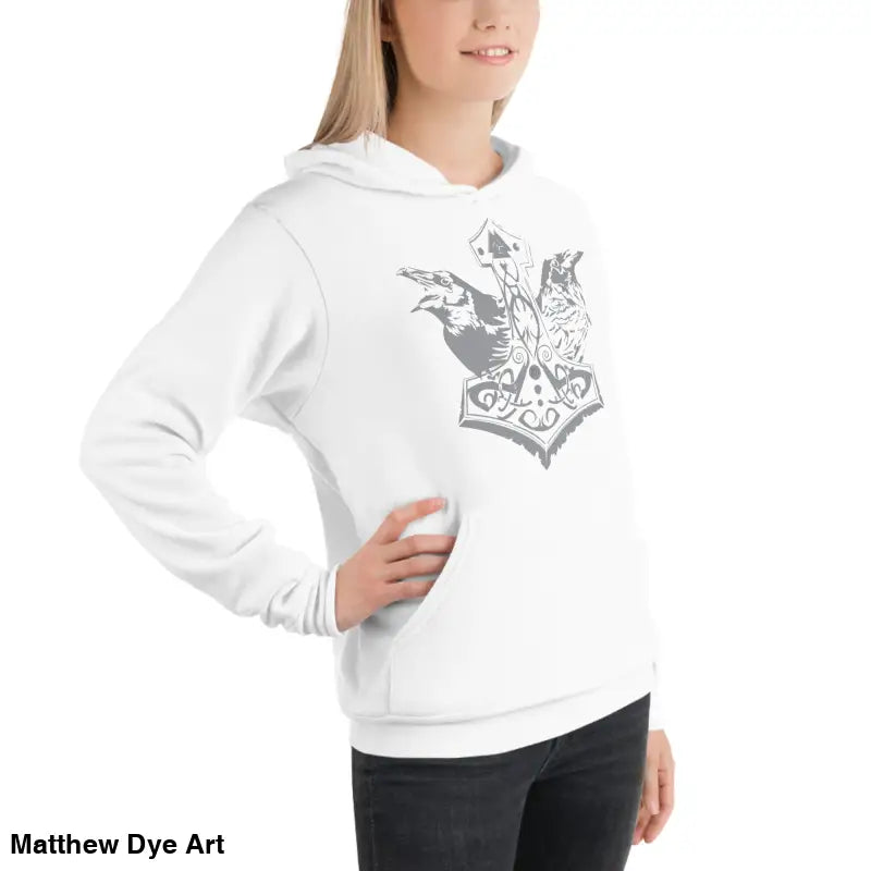 Comfortable Viking unisex pullover hoodie featuring Thor’s Mjolnir and Odin’s Ravens design