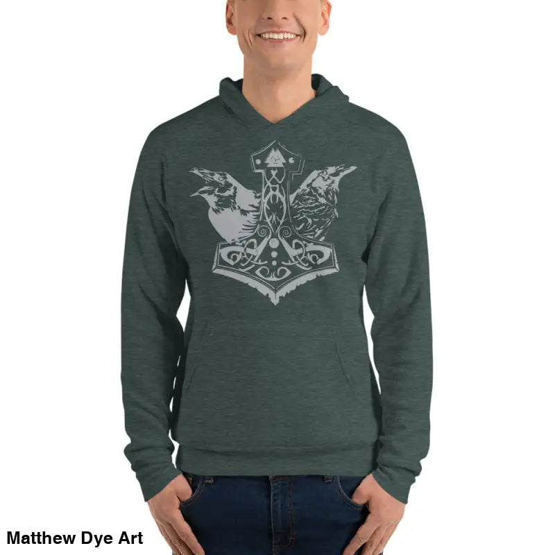 Heathered green comfortable Viking unisex pullover hoodie featuring Thor’s Mjolnir and Odin’s Ravens
