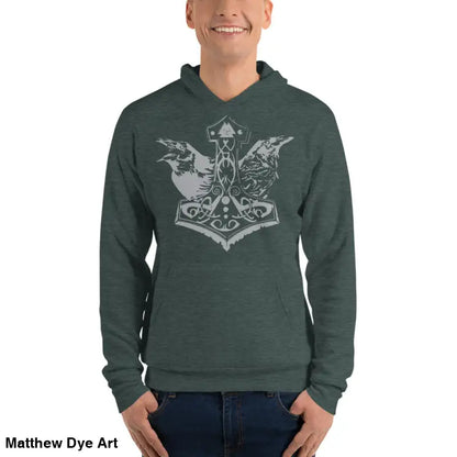 Heathered green comfortable Viking unisex pullover hoodie featuring Thor’s Mjolnir and Odin’s Ravens