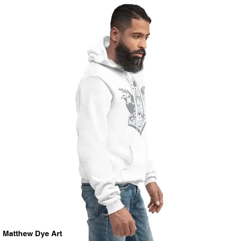 White hoodie featuring gray design of Thor’s Mjolnir and Odin’s Ravens for comfort