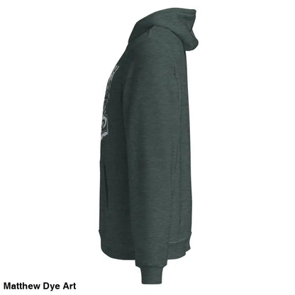 Dark green comfortable Viking unisex pullover hoodie with Thor’s Mjolnir and Odin’s Ravens design
