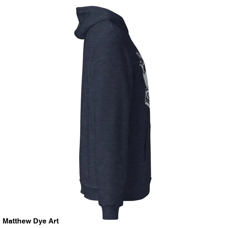 Navy blue comfortable Viking unisex pullover hoodie featuring Thor’s Mjolnir and Odin’s Ravens