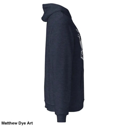 Navy blue comfortable Viking unisex pullover hoodie featuring Thor’s Mjolnir and Odin’s Ravens