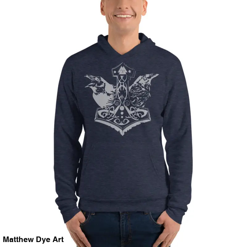 Navy hoodie featuring Thor’s Mjolnir and Odin’s Ravens design, comfortable Viking pullover