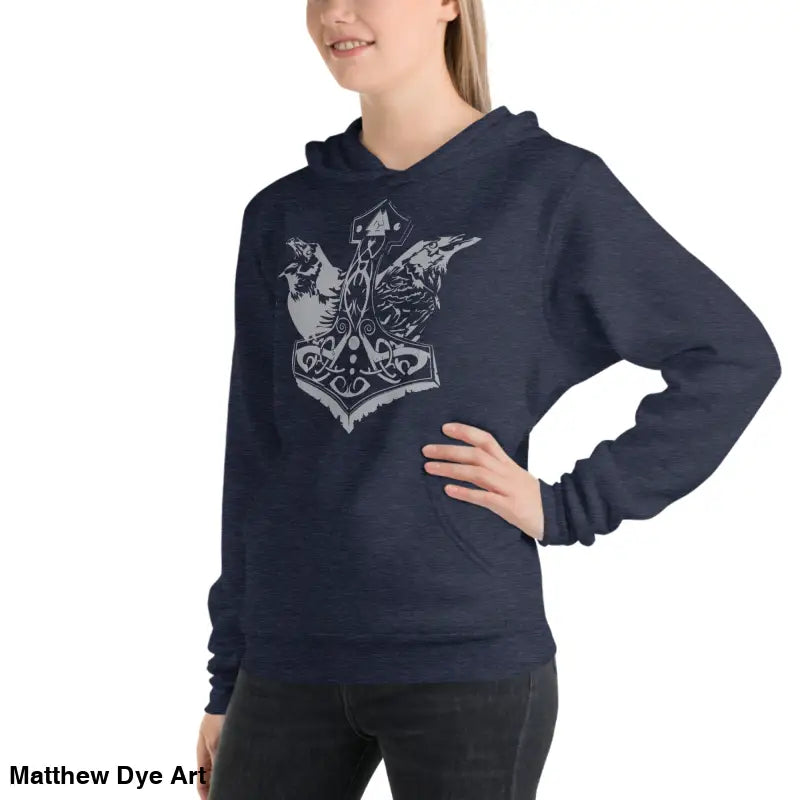 Navy comfortable Viking unisex pullover hoodie featuring Thor’s Mjolnir and Odin’s Ravens design