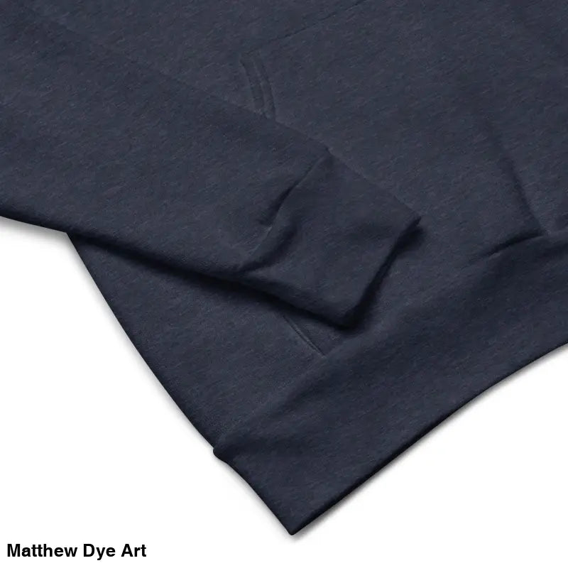Navy blue sweatshirt sleeve of comfortable Viking unisex pullover hoodie featuring Thor’s Mjolnir and Odin’s Ravens