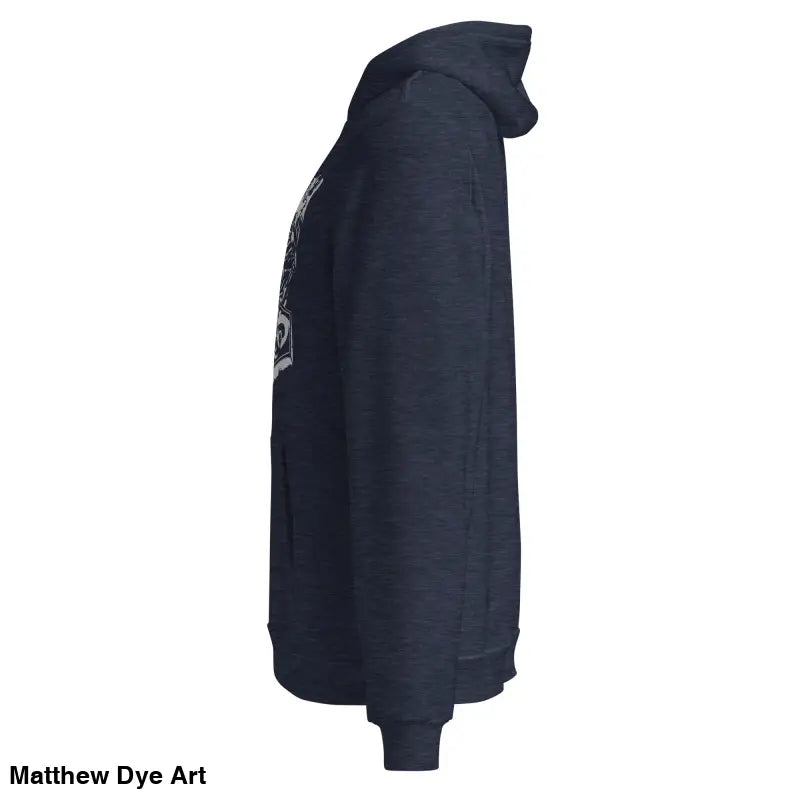 Navy blue comfortable Viking unisex pullover hoodie featuring Thor’s Mjolnir and Odin’s Ravens