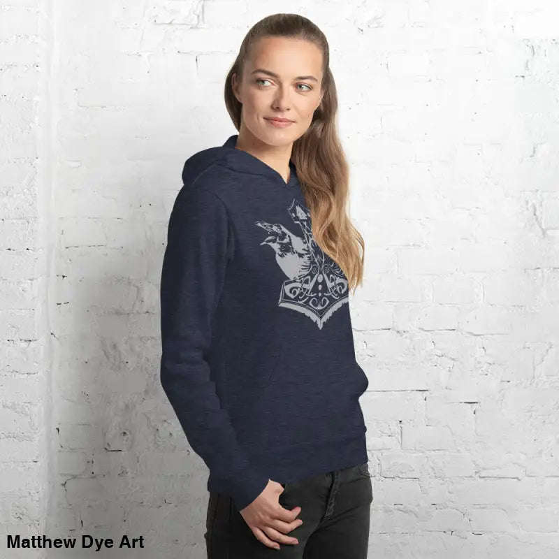 Navy hoodie featuring Thor’s Mjolnir and Odin’s Ravens, a comfortable Viking unisex pullover