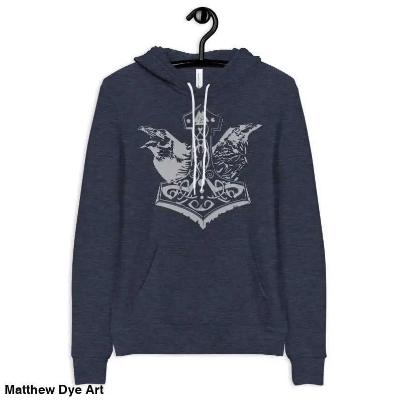 Navy comfortable Viking unisex pullover hoodie with Thor’s Mjolnir and Odin’s Ravens graphic