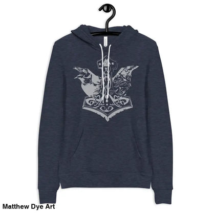 Navy comfortable Viking unisex pullover hoodie with Thor’s Mjolnir and Odin’s Ravens graphic