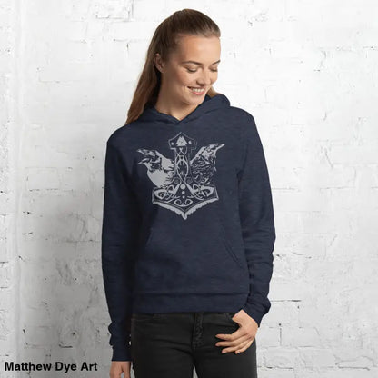 Navy comfortable Viking unisex pullover hoodie featuring Thor’s Mjolnir and Odin’s Ravens graphic