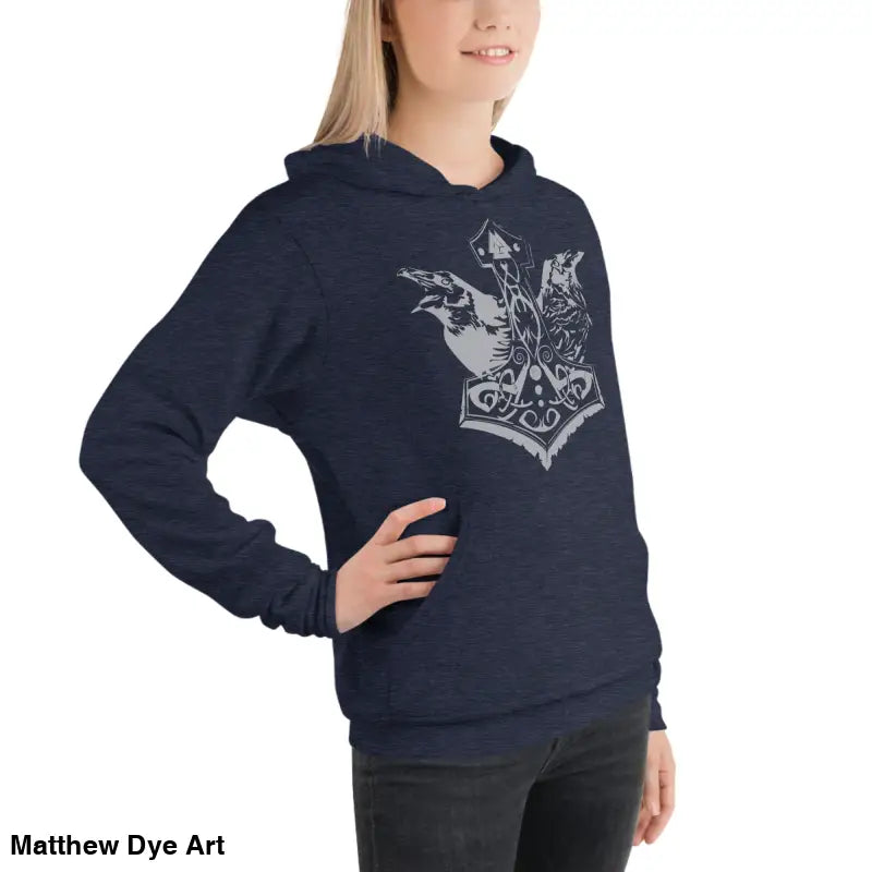 Navy hoodie featuring Thor’s Mjolnir and Odin’s Ravens, a comfortable Viking unisex pullover