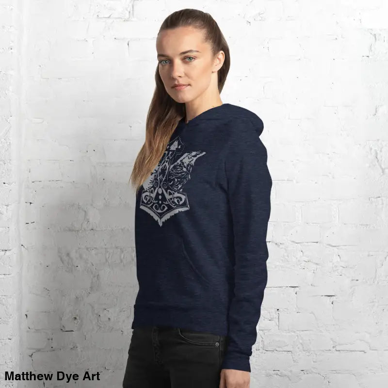 Navy hoodie featuring Thor’s Mjolnir and Odin’s Ravens design, a comfortable Viking unisex pullover