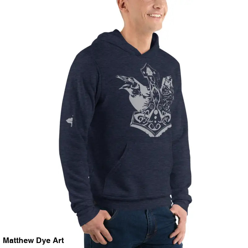 Navy hoodie featuring Thor’s Mjolnir and Odin’s Ravens, a comfortable Viking unisex pullover