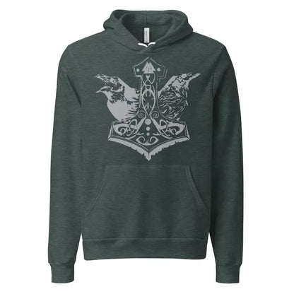 Heathered green hoodie featuring Thor’s Mjolnir and Odin’s Ravens design for comfortable wear