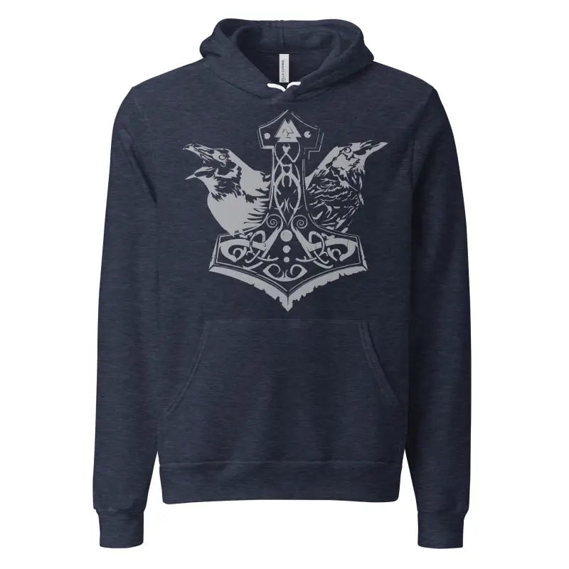 Navy hoodie featuring Odin’s Ravens and Thor’s Mjolnir graphic, stylish Viking pullover
