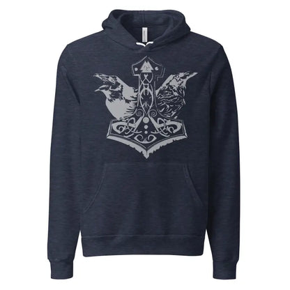 Navy hoodie featuring Odin’s Ravens and Thor’s Mjolnir graphic, stylish Viking pullover