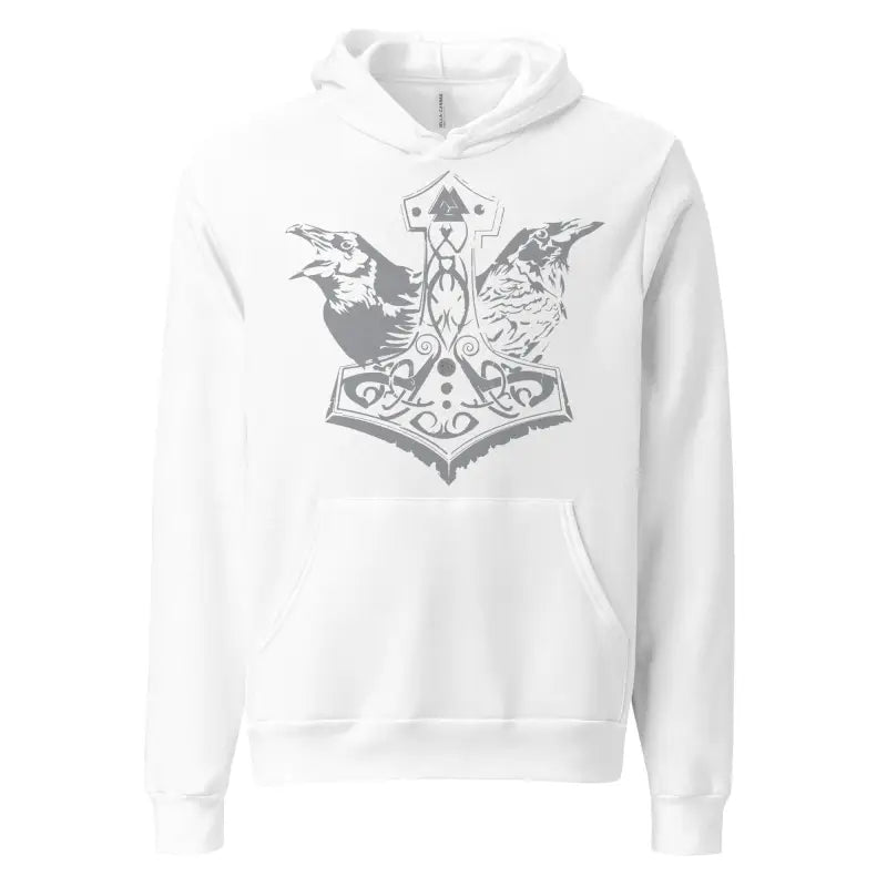 White hoodie featuring Odin’s Ravens and Thor’s Mjolnir in a comfortable unisex design