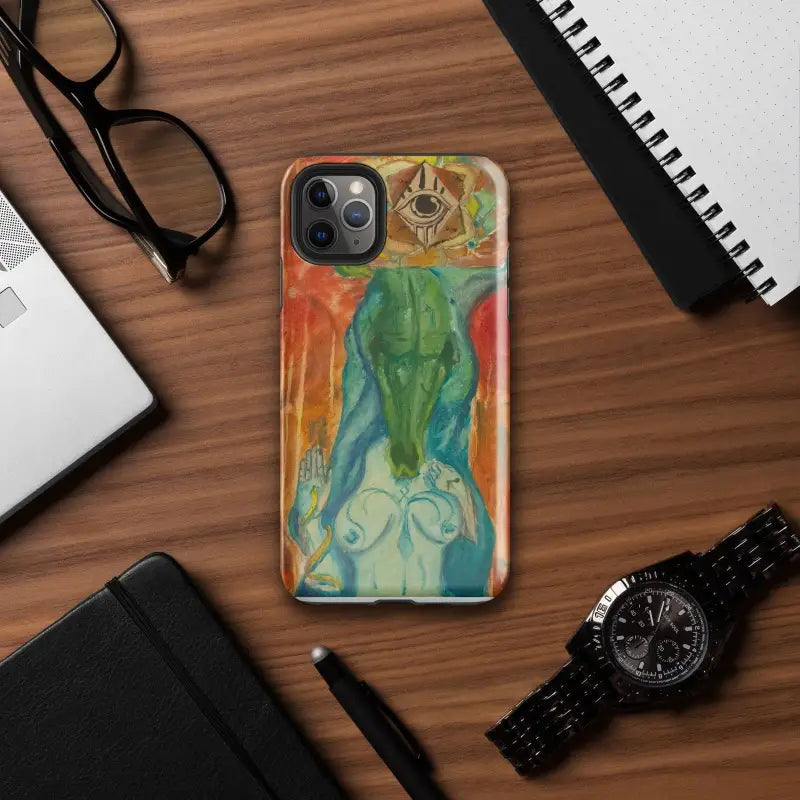 Colorful Tough Case for iPhone featuring an abstract human-like figure inspired by Priestess artistry