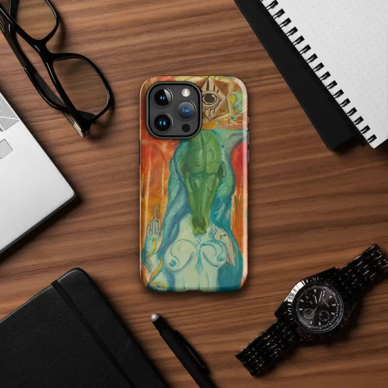 Colorful abstract-patterned Tough Case for iPhone featuring Priestess artistry and camera cutout