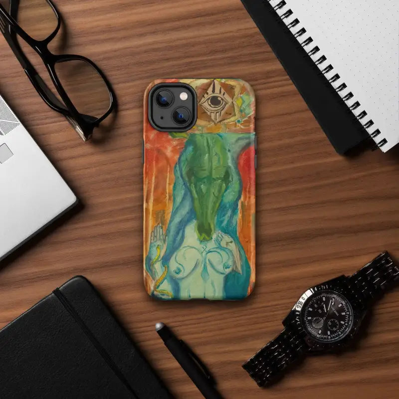 Colorful Tough Case for iPhone featuring the Priestess artistic design in vibrant hues