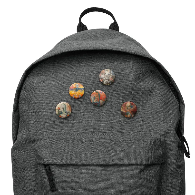 Grey backpack featuring an exclusive pin set with decorative circular buttons