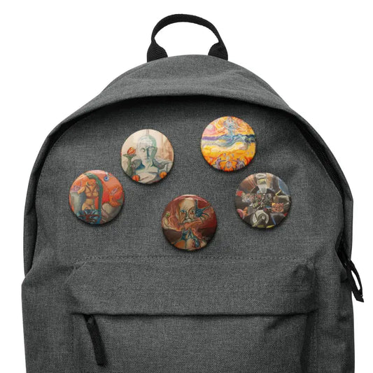 Grey backpack adorned with an exclusive pin set of five colorful circular buttons