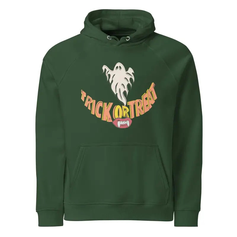 Dark green hoodie featuring a spooky season ghost and Trick or Treat Halloween Smiles design