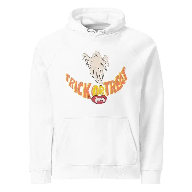 White hoodie featuring a spooky season ghost and Trick or Treat Halloween Smiles design