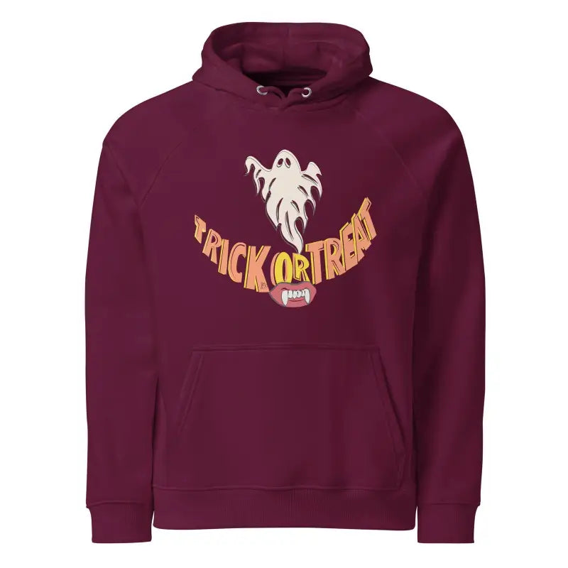 Burgundy hoodie featuring a ghost and Trick or Treat Halloween Smiles design for spooky season