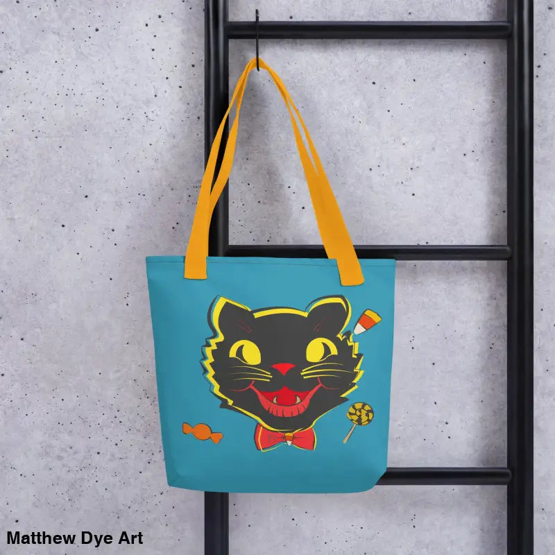 Blue tote bag featuring a vintage black cat design for the Trick-or-Treat in Style collection