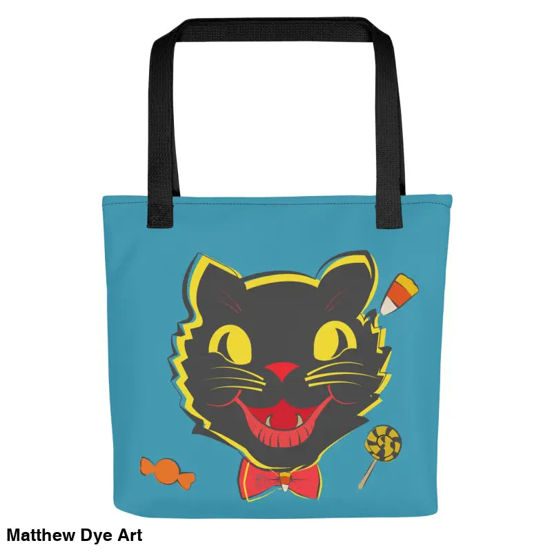 Blue tote bag featuring a vintage black cat and candy for stylish trick-or-treating