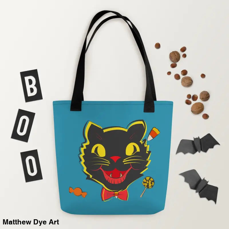 Vintage Halloween Cat Tote featuring a black cat design for trick or treat use