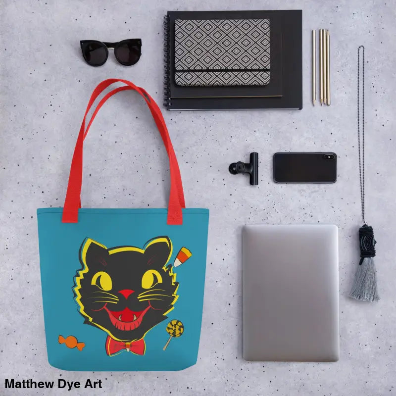 Vintage Halloween Cat Tote featuring a black cat design for trick or treat activities