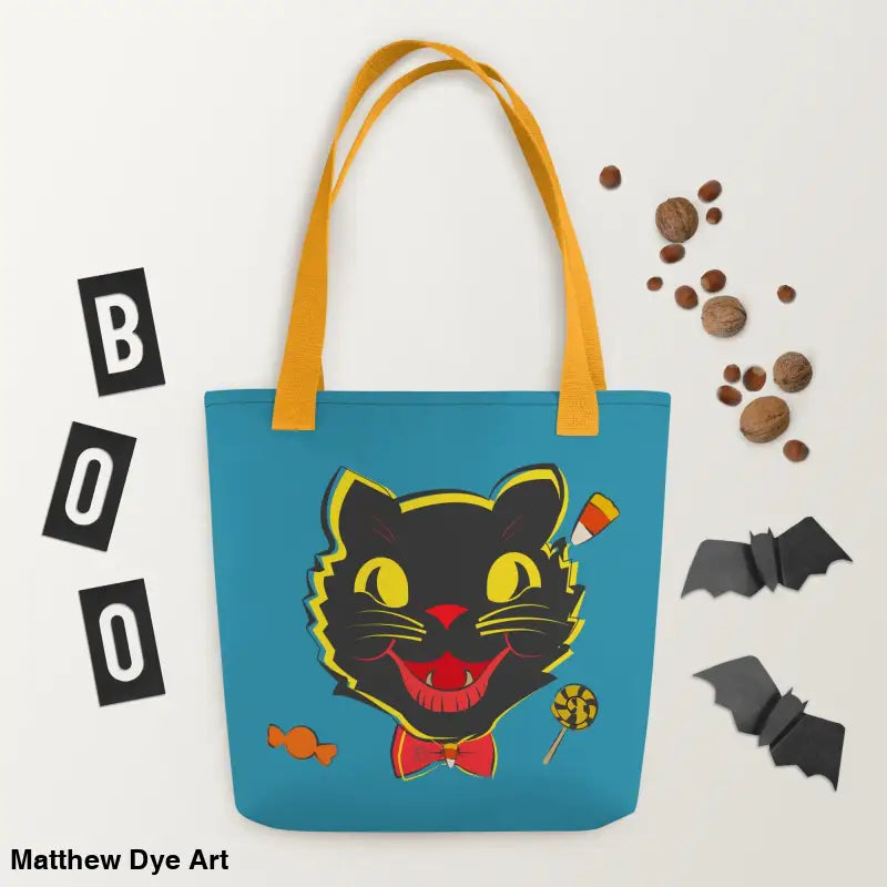 Vintage Halloween Cat tote, 15x15 trick or treat bag featuring a vintage black cat design