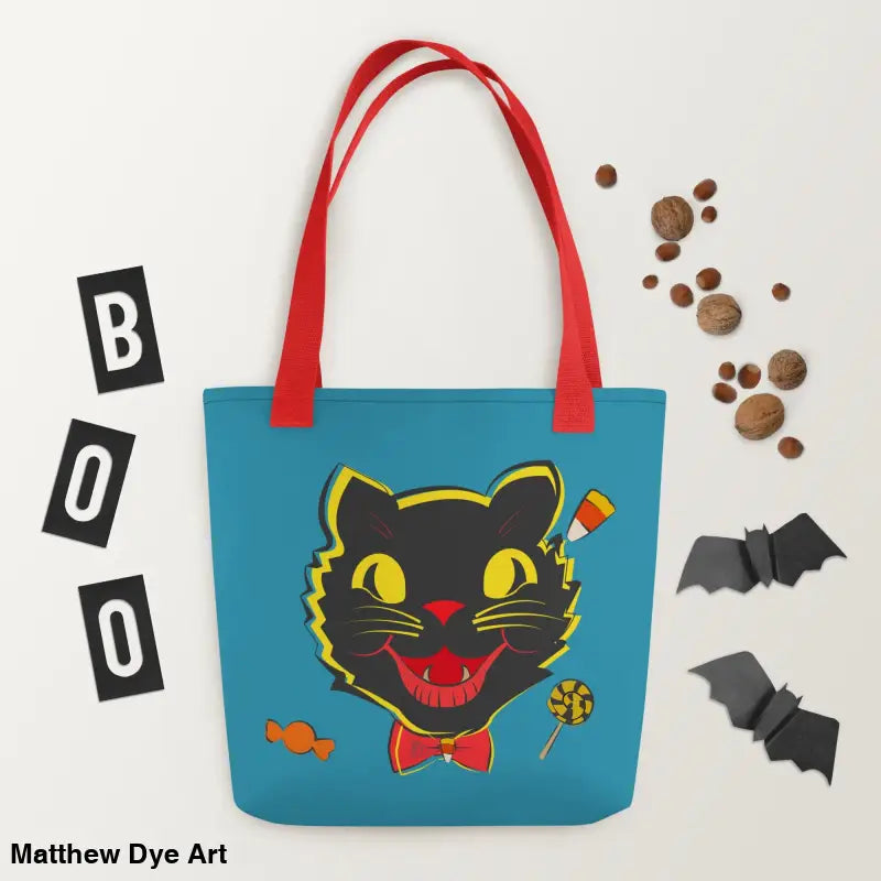 Halloween-themed tote bag featuring a vintage black cat for trick or treat elegance
