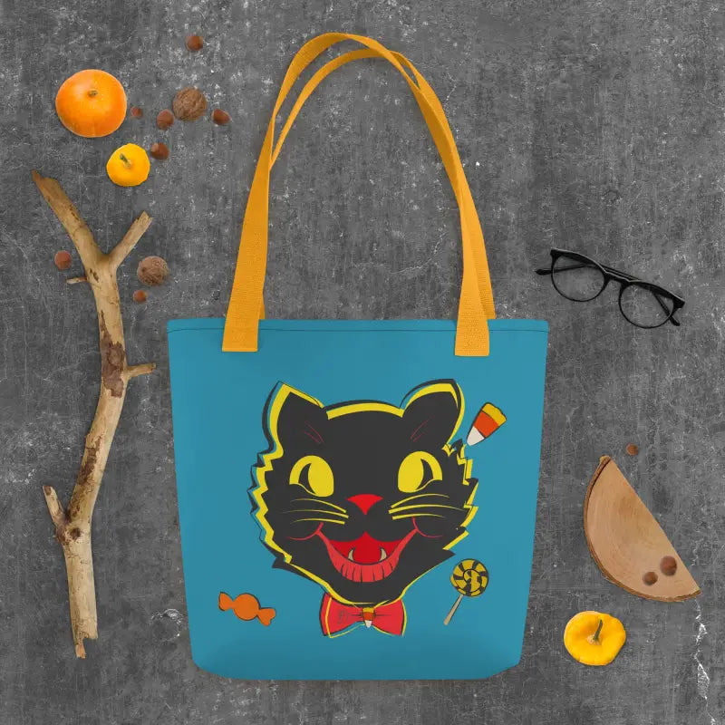 Blue tote bag featuring a vintage black cat design for a stylish treat tote