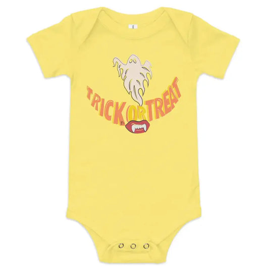 Yellow Trick or Treat Smiles Baby One Piece featuring a Halloween ghost design