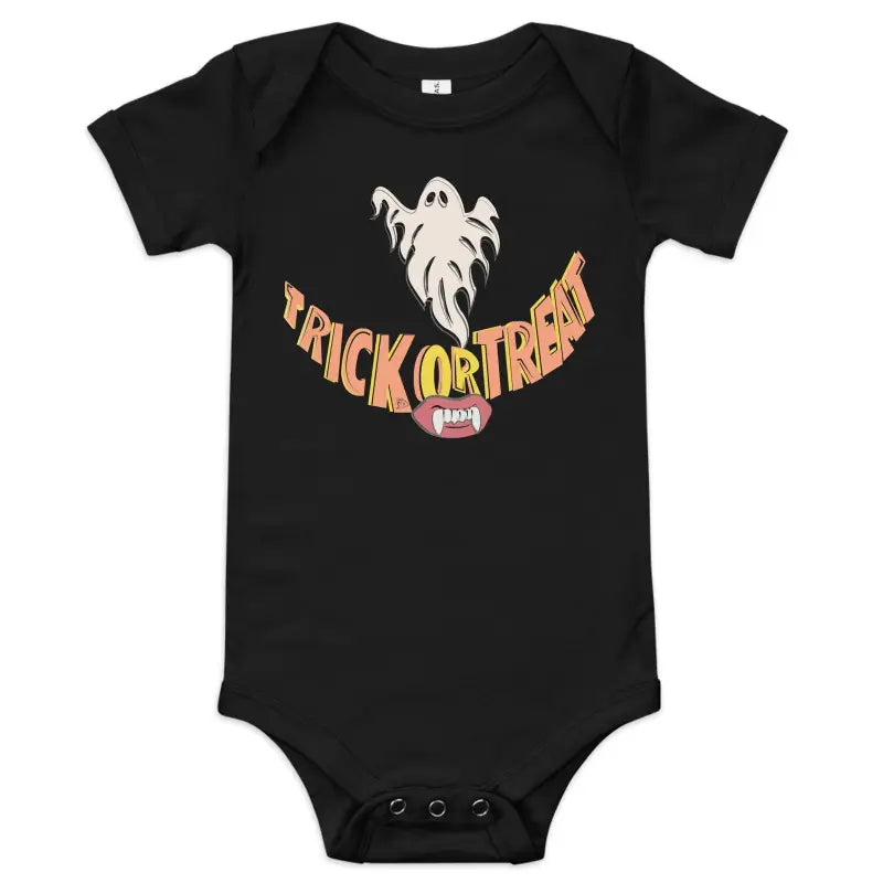 Black baby onesie featuring a Trick or Treat ghost design for Halloween festivities