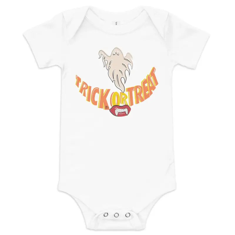 White baby onesie featuring Halloween ghost and Trick or Treat design for autumn outings