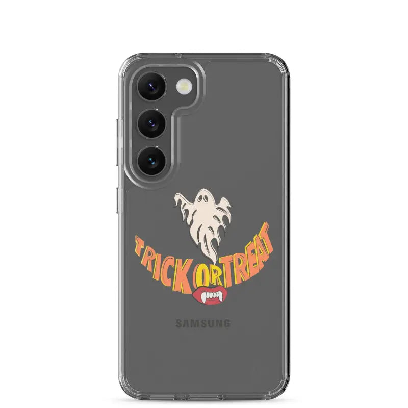 Clear case for Samsung featuring a Trick or Treat Smile ghost design in vintage Halloween style