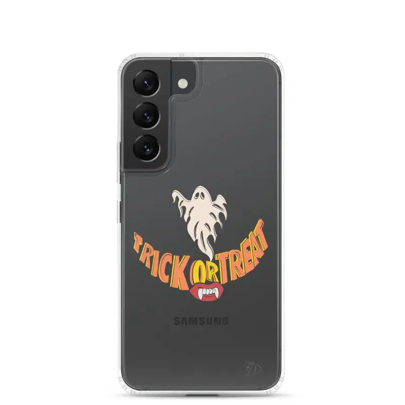 Samsung smartphone with a Trick or Treat smile decal on a vintage Halloween phone case