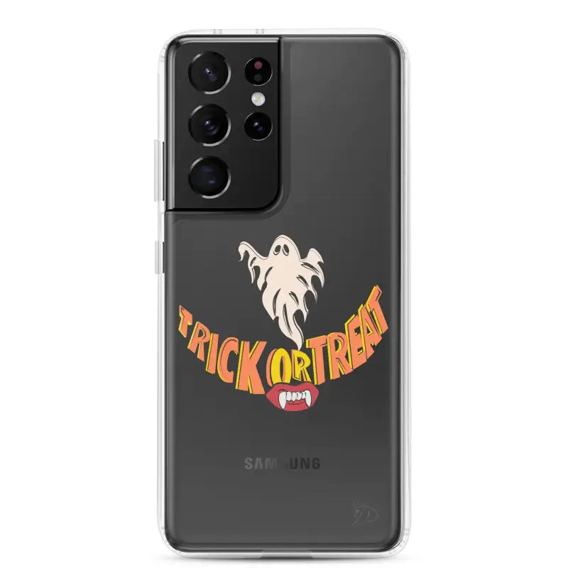 Samsung smartphone featuring a Trick or Treat Smile design on a vintage Halloween phone case