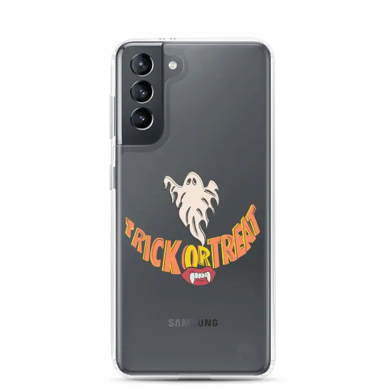 Samsung smartphone featuring a Trick or Treat smile ghost decal on a vintage Halloween phone case