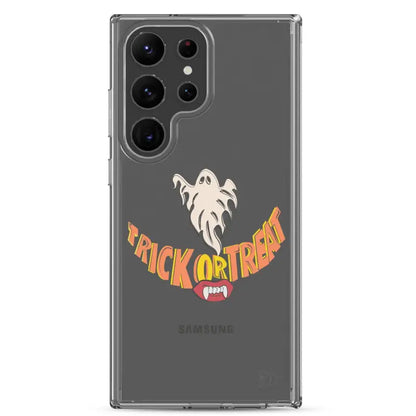 Clear case for Samsung featuring Trick or Treat smile design with ghost and orange text