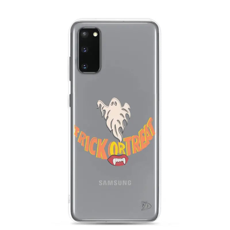 Samsung smartphone featuring a Trick or Treat smile decal on a vintage Halloween phone case