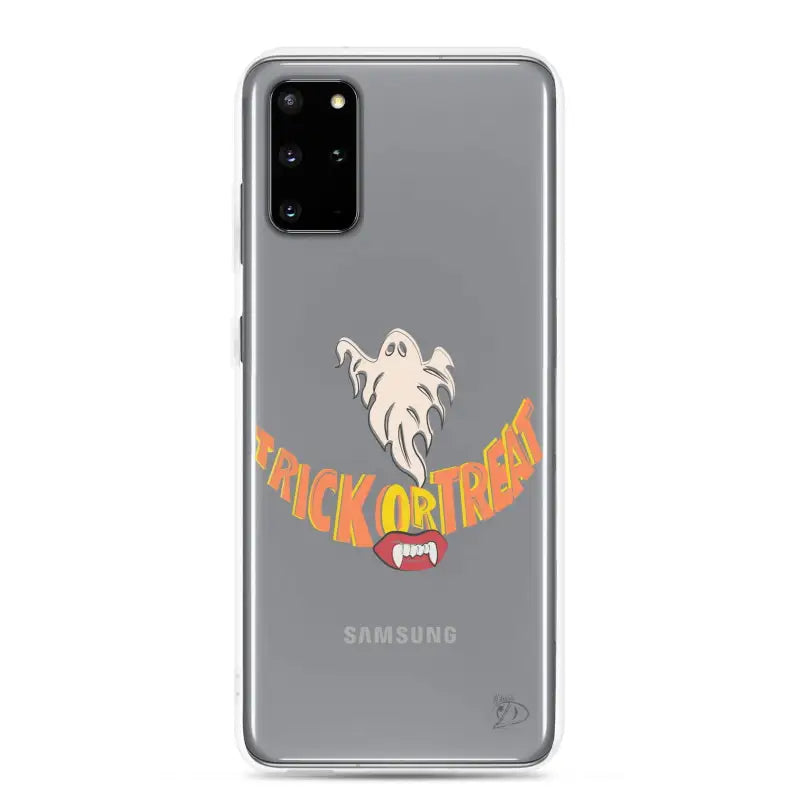 Samsung smartphone featuring a clear case with vintage Halloween charm and trick or treat smile