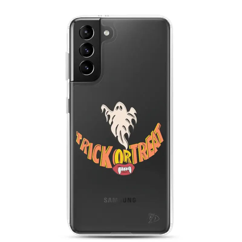 Samsung smartphone featuring a Trick or Treat smile design on a vintage Halloween phone case