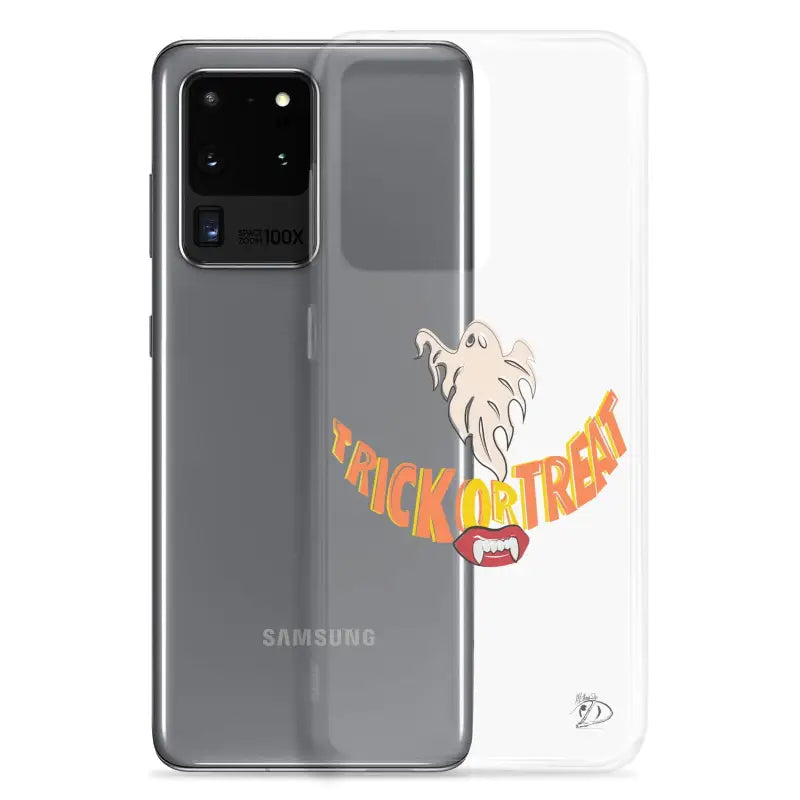 Samsung clear case featuring a Trick or Treat smile ghost design for vintage Halloween charm